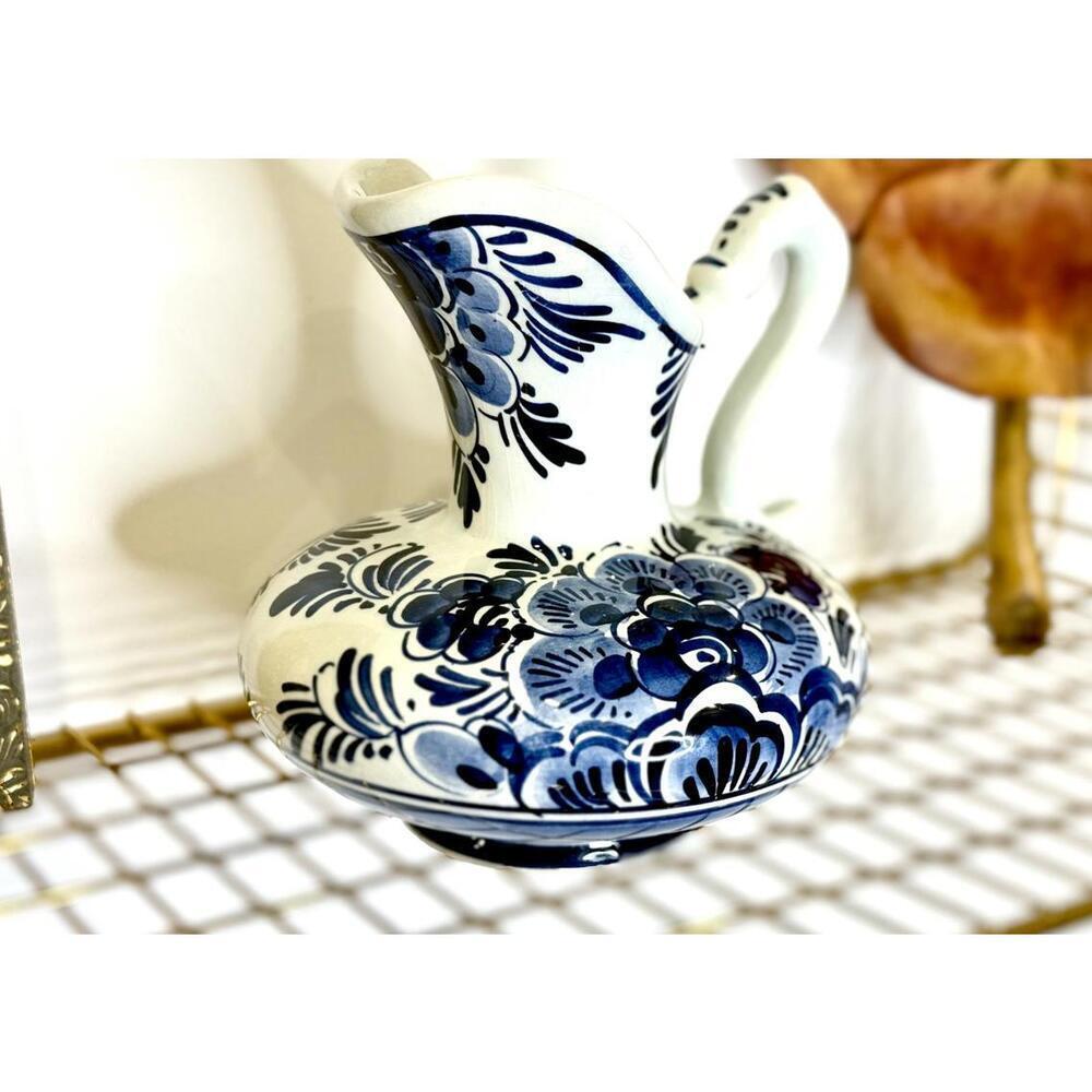 Vintage Delft Holland Hand Painted Pottery Pitcher Jug Blue Floral Netherlands